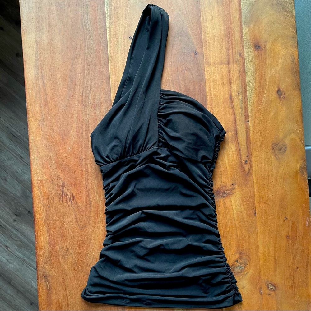 GUESS One Shoulder Shirred Stretch Knit Top :Black: XS